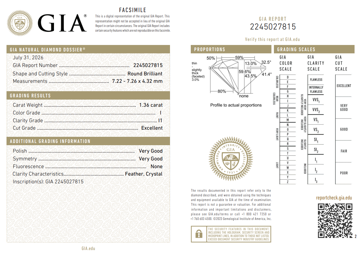 GIA Certified Natural 1.36 Ct Round Brilliant Diamond Loose I-I1