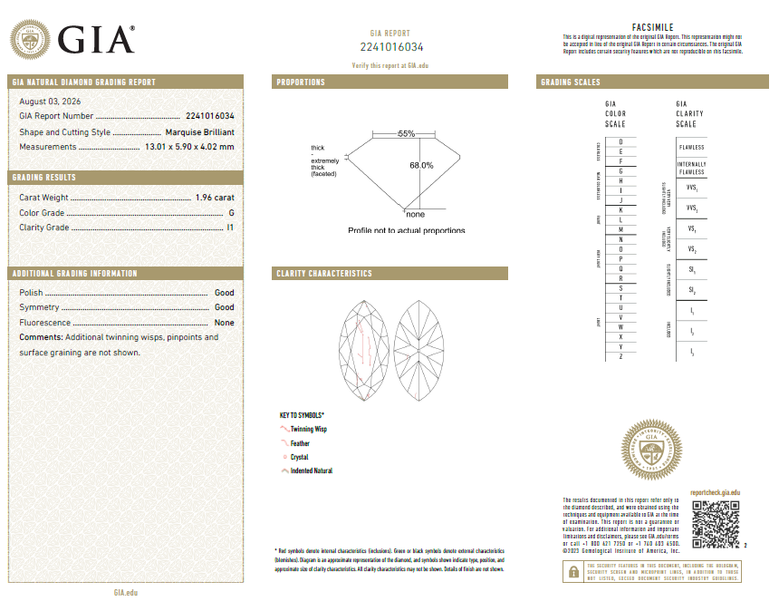 1.96 Carat Marquis Shape Diamond G-I1 Natural GIA Loose.