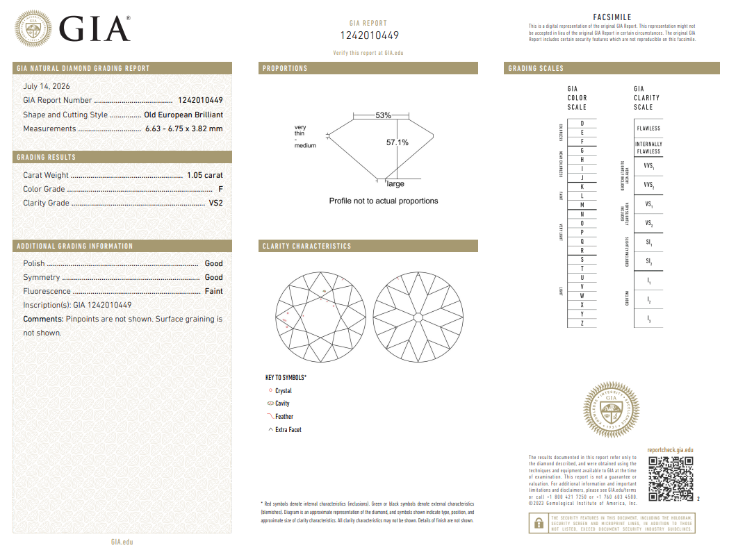 1.05 Carat Old European Cut Diamond F-VS2 Loose GIA Luxury Hand-Cut