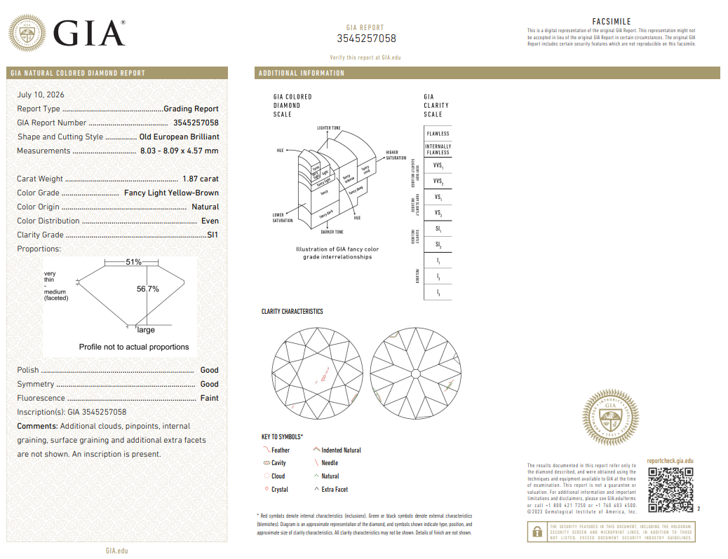 GIA Certified Precious Natural 1.87 Ct Old European Cut Diamond FANCY LIGHT BROWN YELLOW-SI1