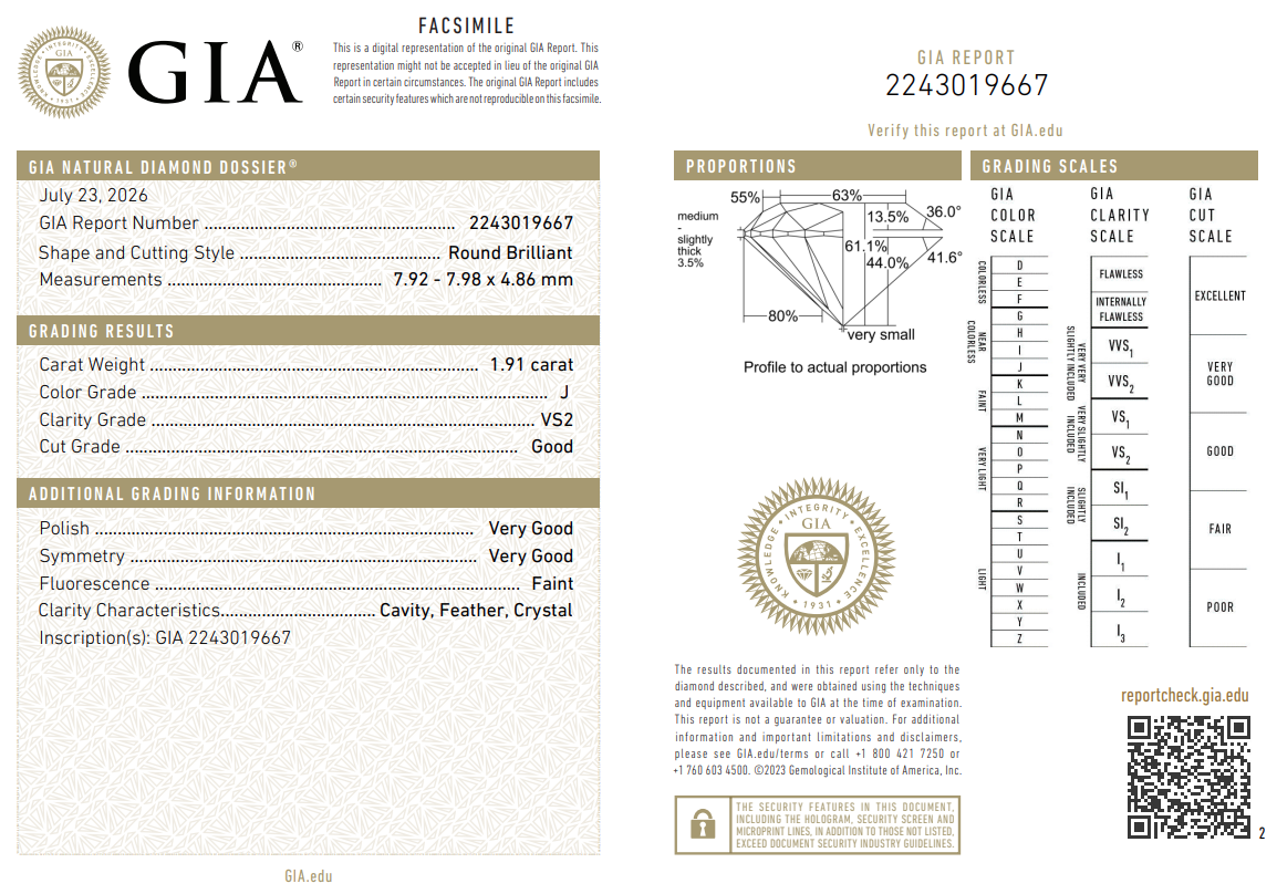 1.91 Carat Round Brilliant Diamond GIA Certified J-VS2 Natural
