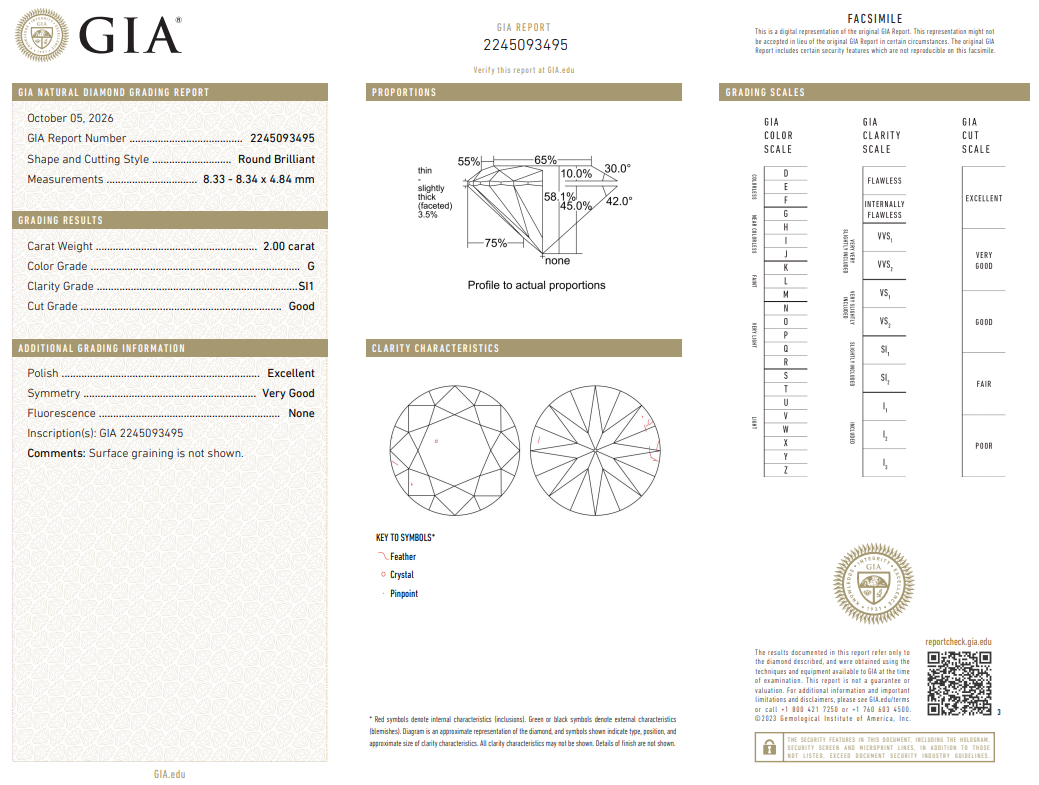 2 Carat Round Brilliant Diamond Natural G-SI1 Loose GIA Certified