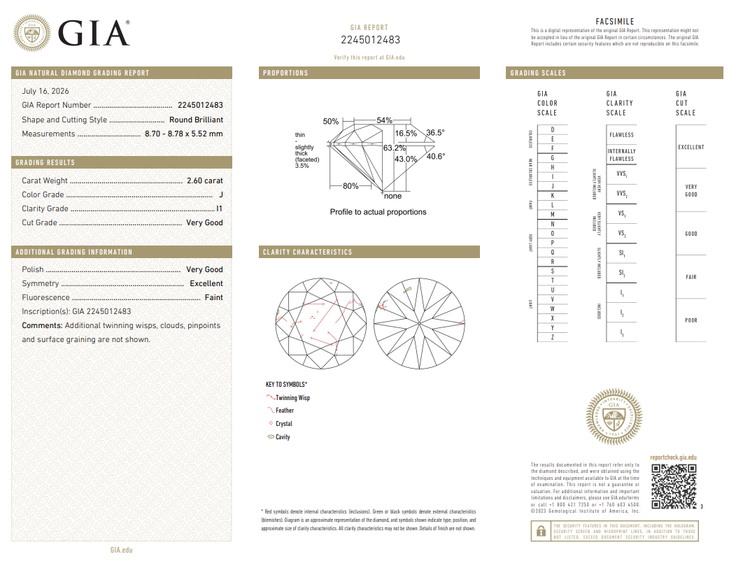 Natural 2.6 Carat Round Brilliant Diamond J-I1 with GIA Certificate