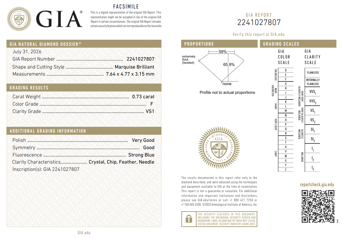 GIA Certified Natural 0.73 Ct Marquis Shape Diamond Loose F-VS1