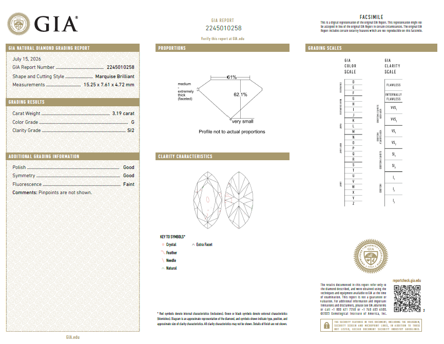 3.19 Carat Marquis Shape Diamond GIA Certified G-SI2 Loose.