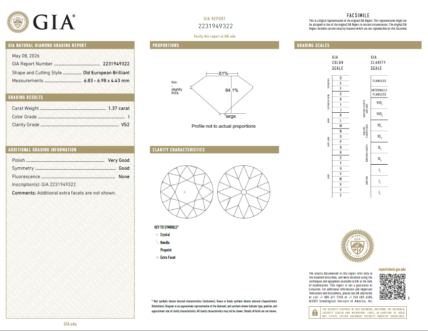 1.37 Ct Old European Cut Diamond Heritage Cut I-VS2 Luminous GIA Certified