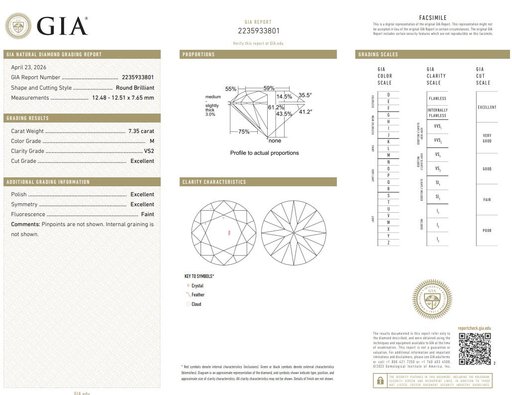 7.35 Ct Round Brilliant Diamond Natural M-VS2 with GIA Certificate