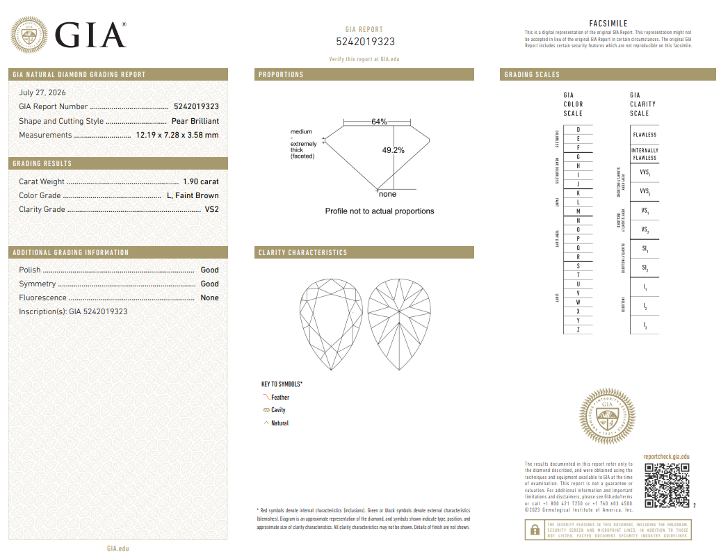 GIA Certified 1.9 Ct Pear Shape Diamond L-VS2 Loose Natural