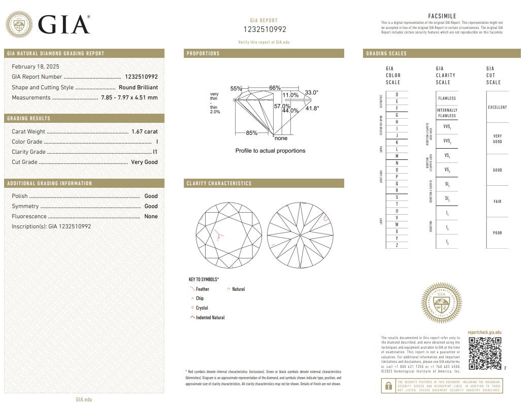 1.67 Carat Round Brilliant Diamond Loose Natural I-I1 GIA