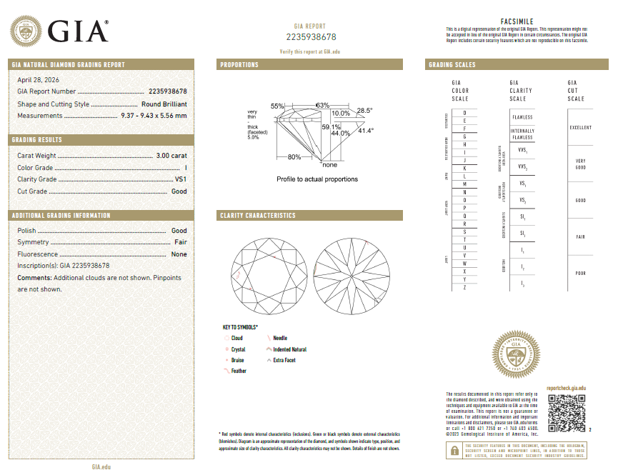 3 Carat Round Brilliant Diamond I-VS1 Natural Loose GIA
