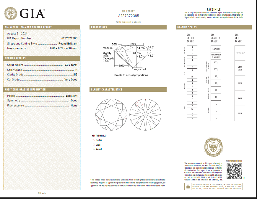 GIA Certified Loose 2.04 Ct Round Brilliant Diamond Natural H-SI2