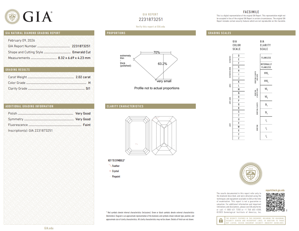 2.02 Carat Emerald Cut Natural Mined Diamond H Color SI1 Clarity With GIA Certificate