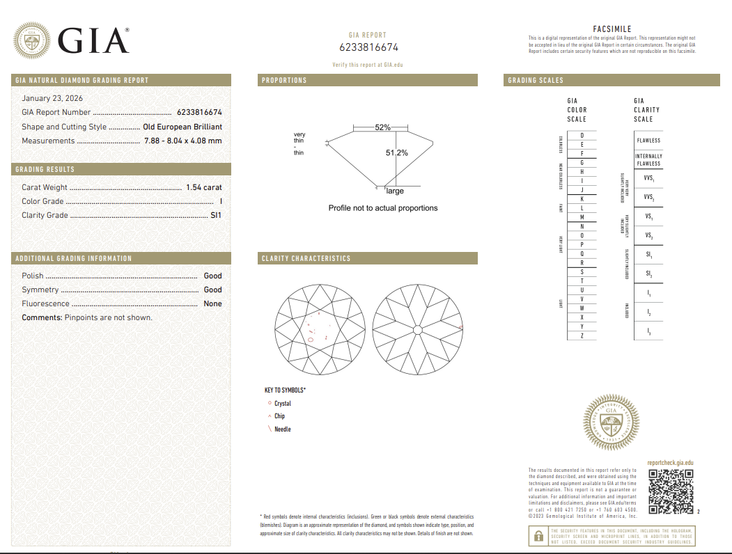 1.54 Carat Old European Cut Antique Natural Mined Diamond I Color SI1 Clarity With GIA Certificate