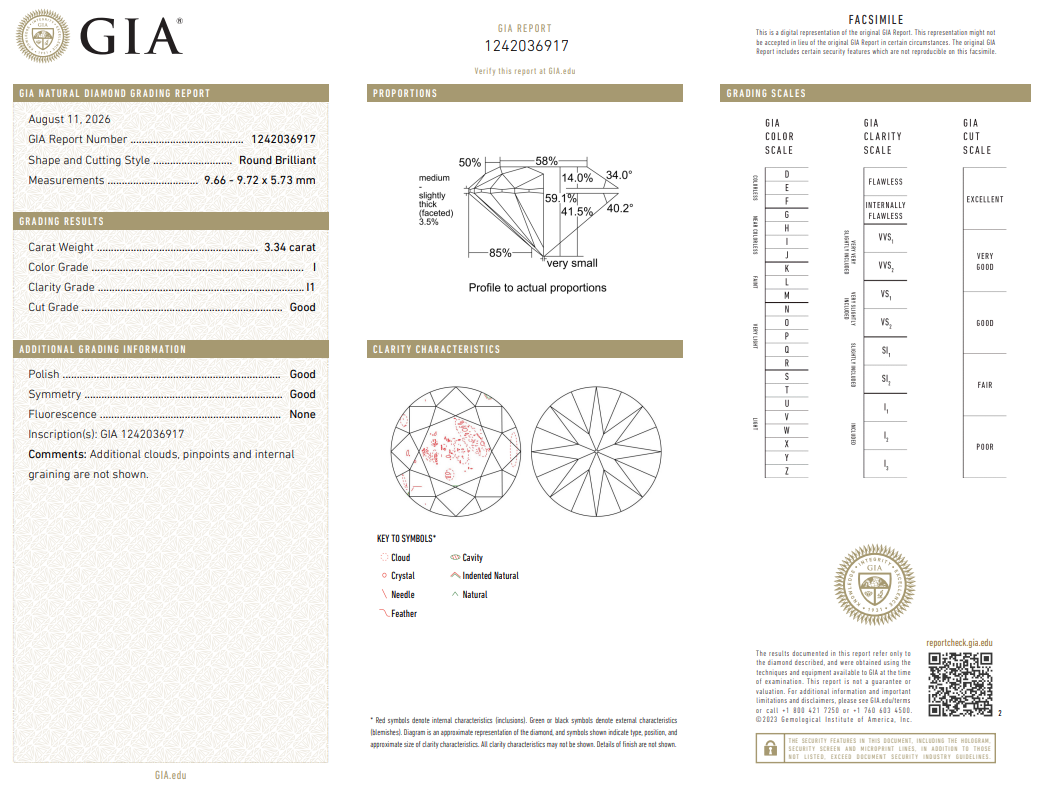 Natural 3.34 Ct Round Brilliant Diamond I-I1 with GIA Certificate