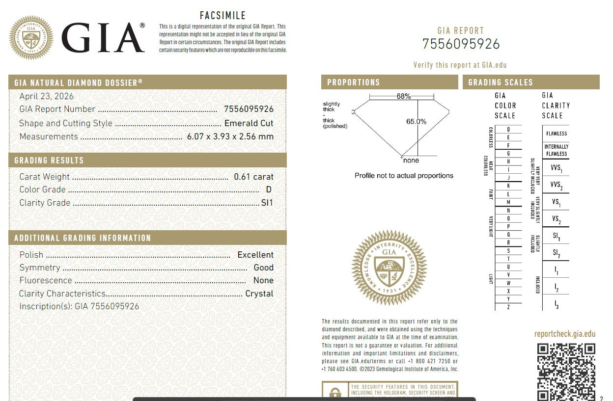 GIA Certified 0.61 Carat Emerald Cut Diamond Natural D-SI1 Loose