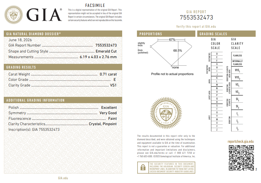 Natural 0.71 Carat Emerald Cut Diamond E-VS1 with GIA Certificate
