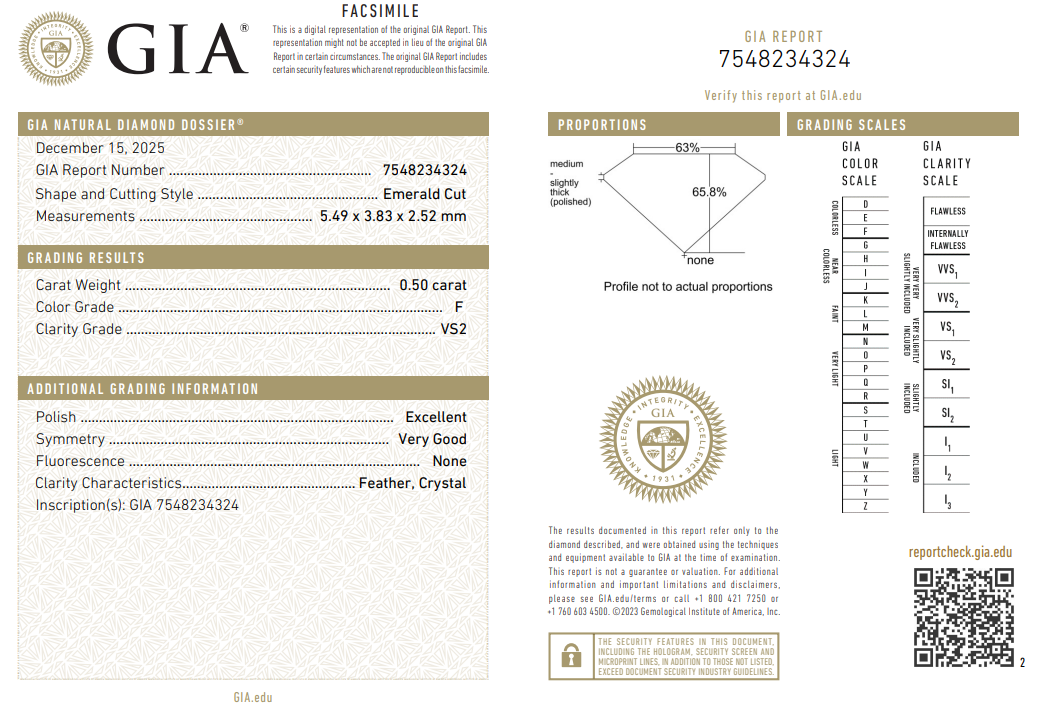 GIA Certified Natural Loose 0.5 Carat Emerald Cut Diamond F-VS2