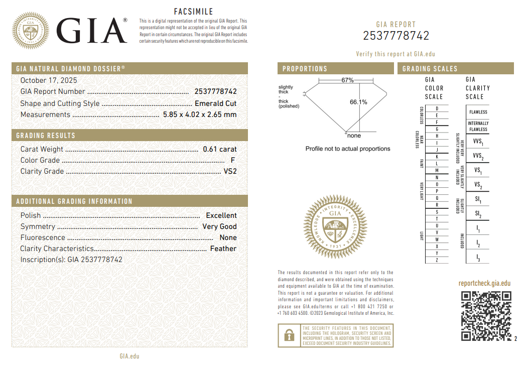 Loose 0.61 Carat Emerald Cut Diamond F-VS2 with GIA Certificate