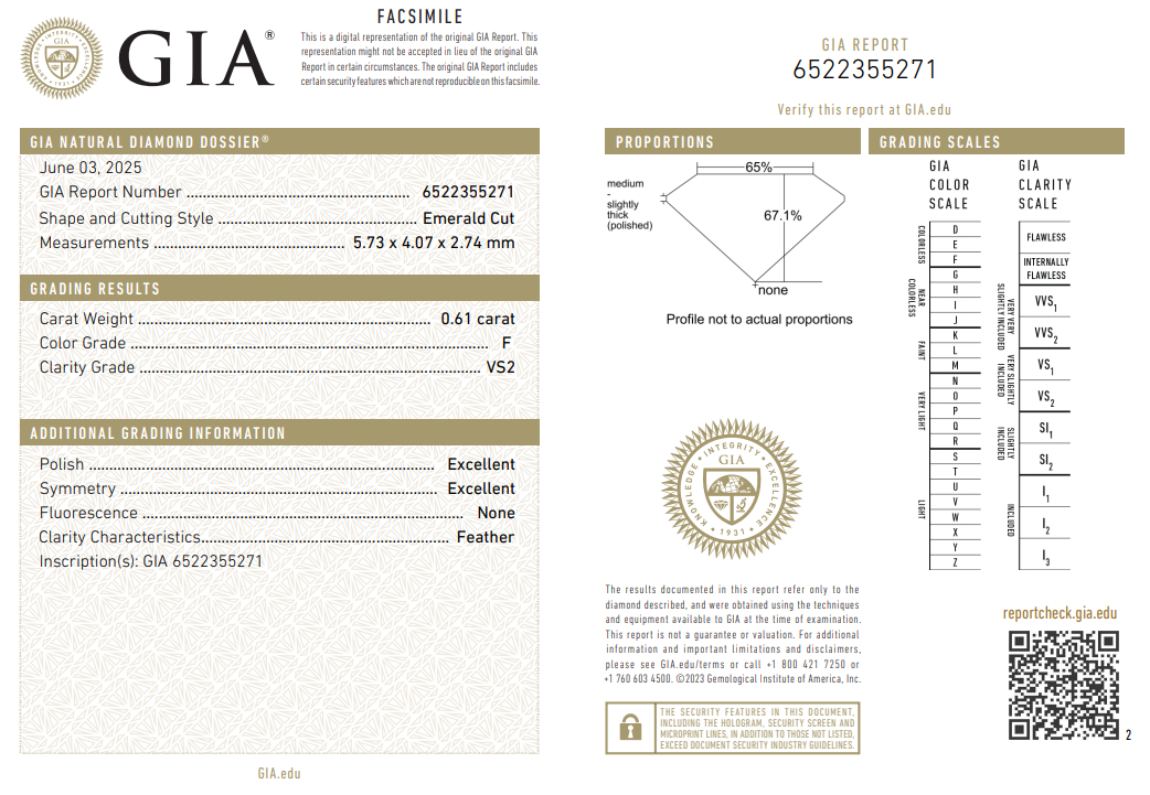 GIA Certified 0.61 Carat Emerald Cut Diamond Loose F-VS2 Natural
