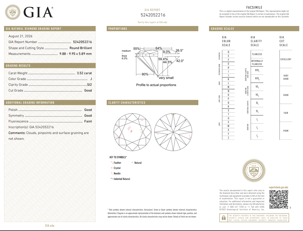 GIA Certified 3.52 Ct Round Brilliant Diamond Loose J-SI2 Natural
