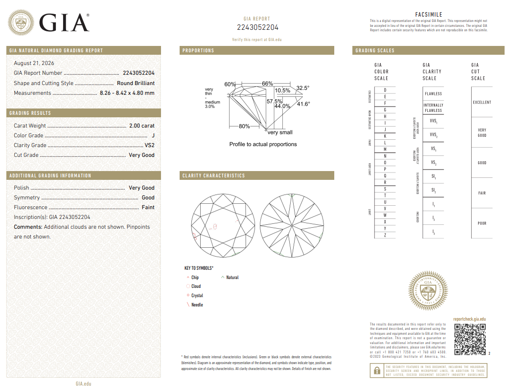 2 Ct Round Brilliant Diamond GIA Certified J-VS2 Natural