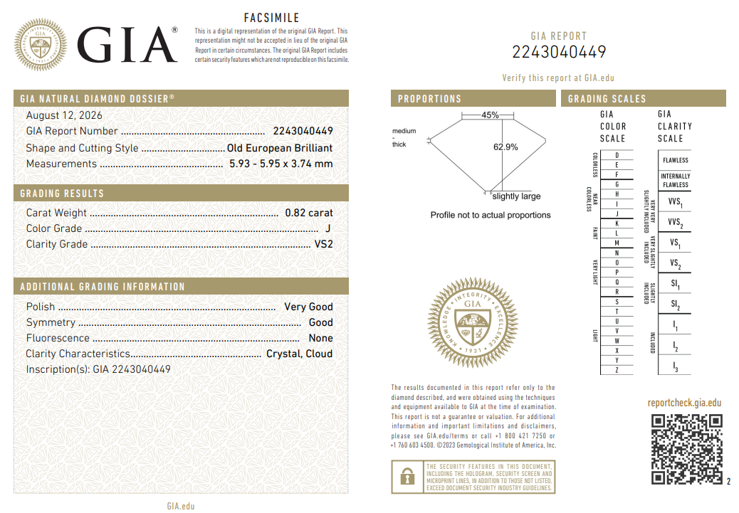 0.82 Ct Old European Cut Diamond Loose J-VS2 with GIA Certificate