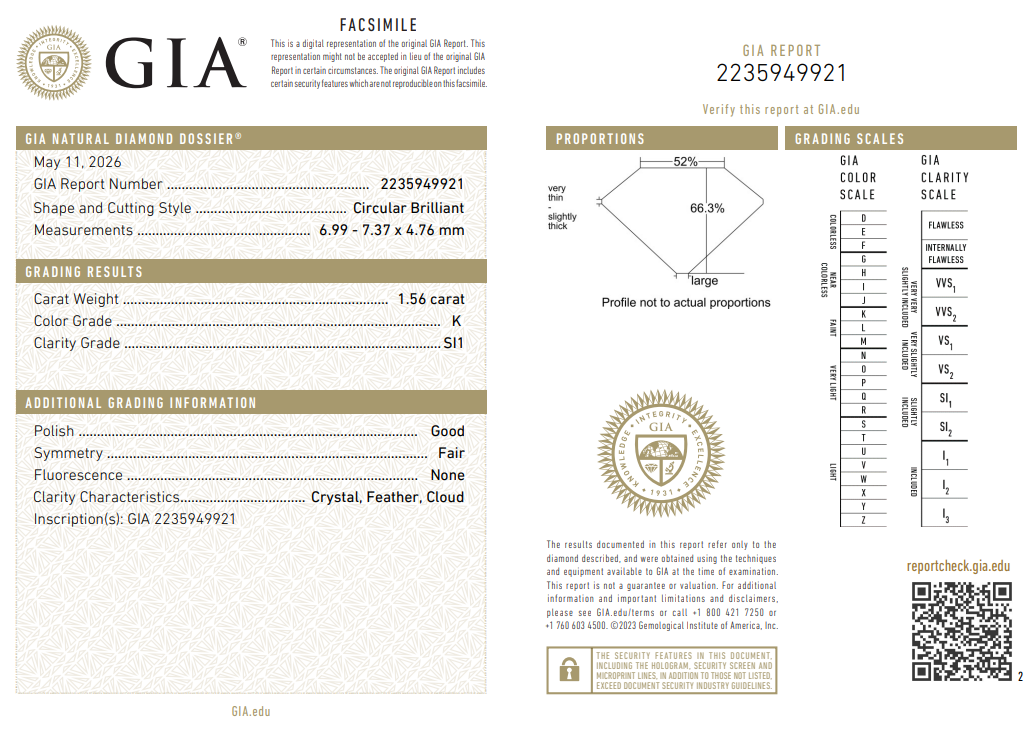 Natural 1.56 Ct Old European Cut Diamond K-SI1 with GIA Certificate