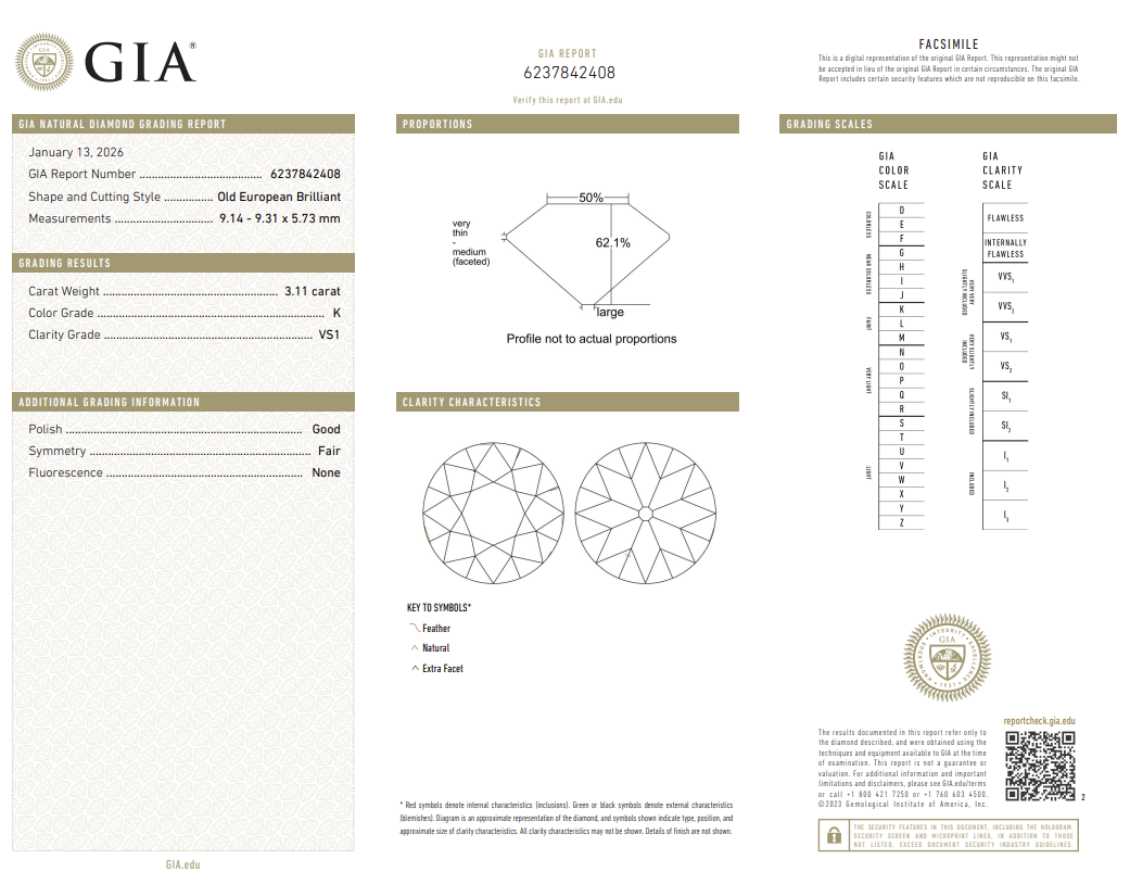 3.11 Carat Old European Cut Antique Natural Mined Diamond K Color VS1 Clarity With GIA Certificate