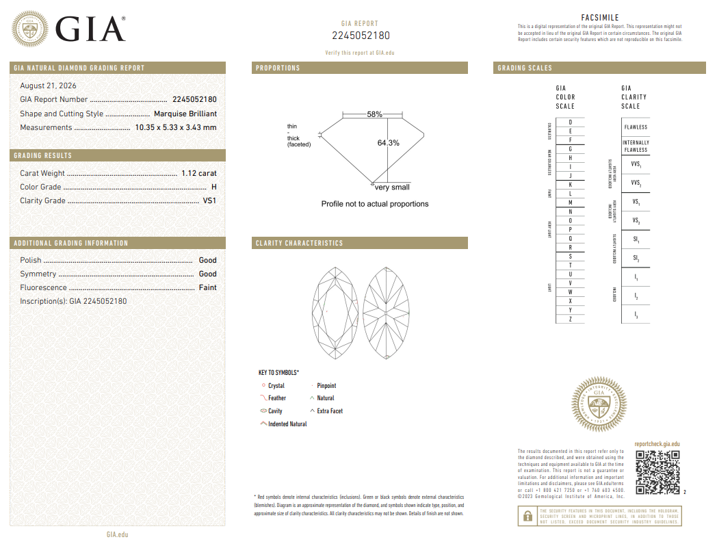 GIA Certified 1.12 Ct Marquis Shape Diamond H-VS1 Loose Natural