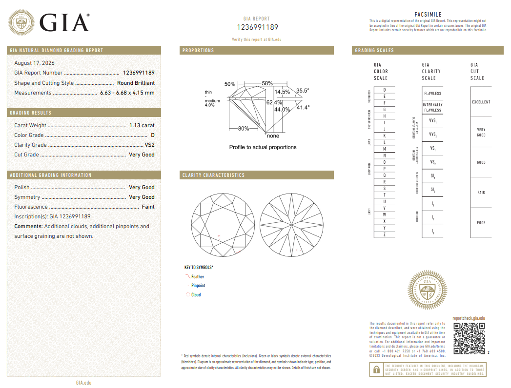 1.13 Ct Round Brilliant Diamond GIA Certified D-VS2 Natural