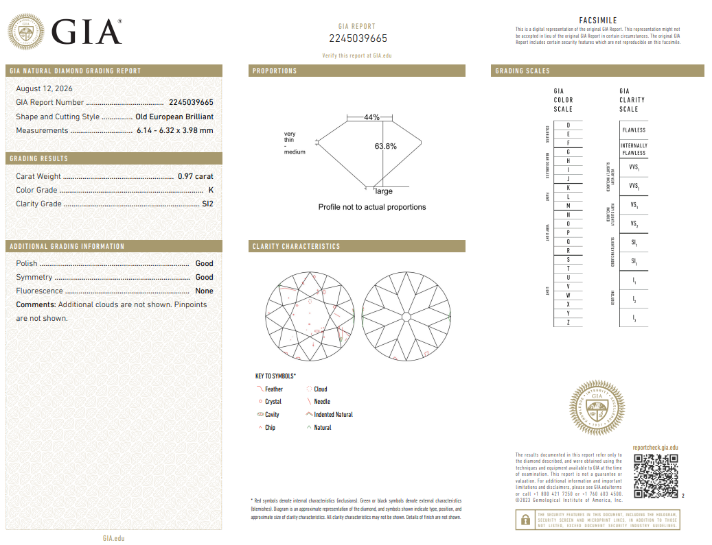 Traditional 0.97 Carat Old European Cut Diamond K-SI2 with GIA Certificate