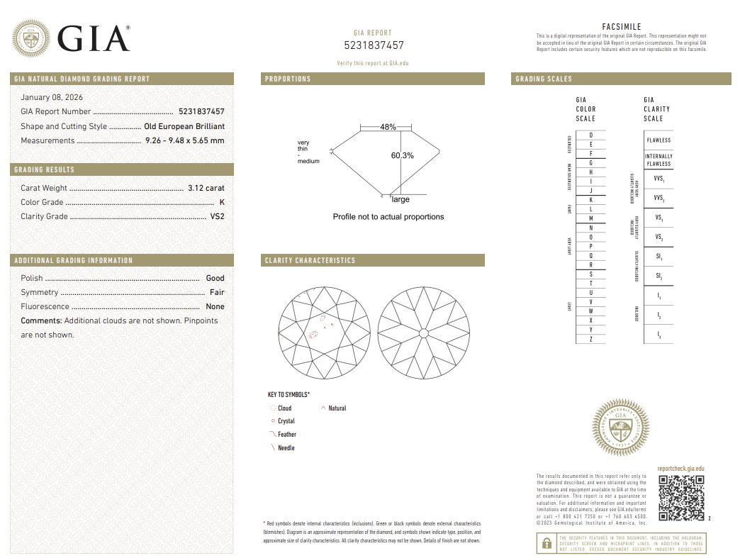 3.12 Carat Old European Cut Antique Natural Mined Diamond K Color VS2 Clarity With GIA Certificate