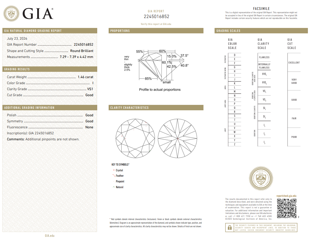 1.46 Ct Round Brilliant Diamond Natural I-VS1 Loose GIA Certified