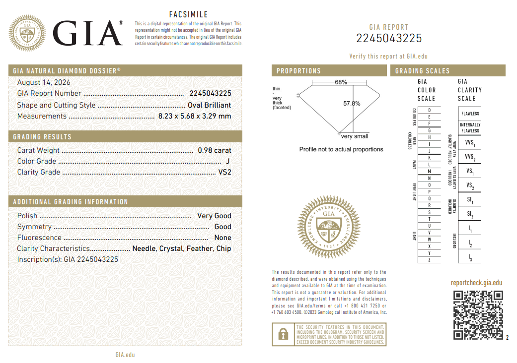 Natural Loose 0.98 Carat Oval Shape Diamond GIA Certified J-VS2