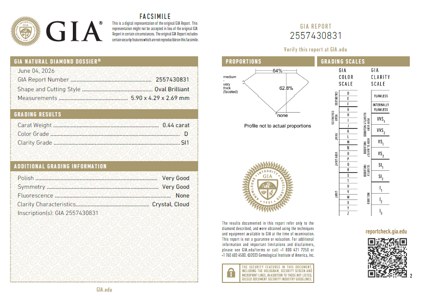 0.44 Ct Oval Shape Diamond D-SI1 Loose Natural GIA