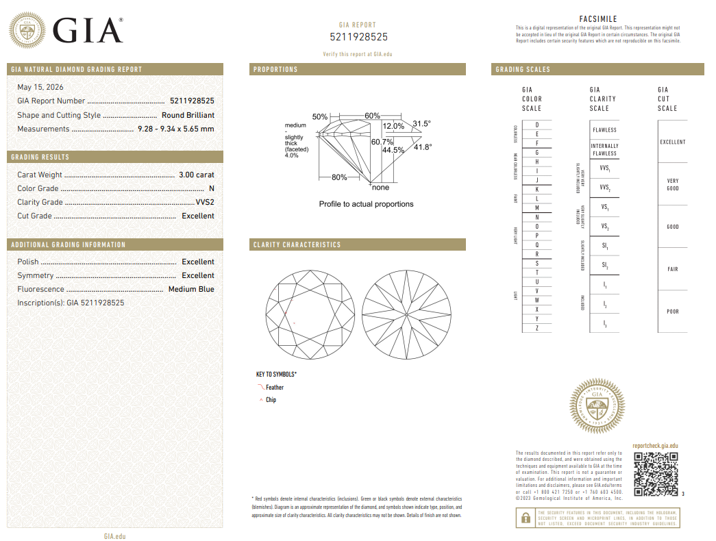 GIA Certified Natural Loose 3 Carat Round Brilliant Diamond N-VVS1