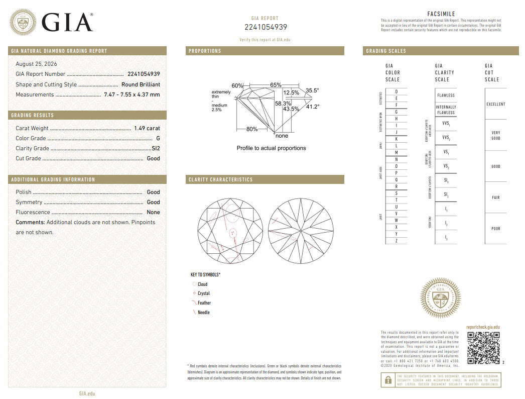 GIA Certified 1.49 Ct Round Brilliant Diamond G-SI2 Loose Natural