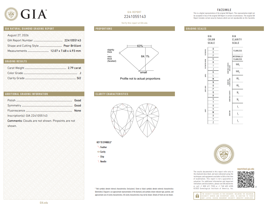 2.79 Carat Pear Shape Diamond Loose J-SI2 with GIA Certificate