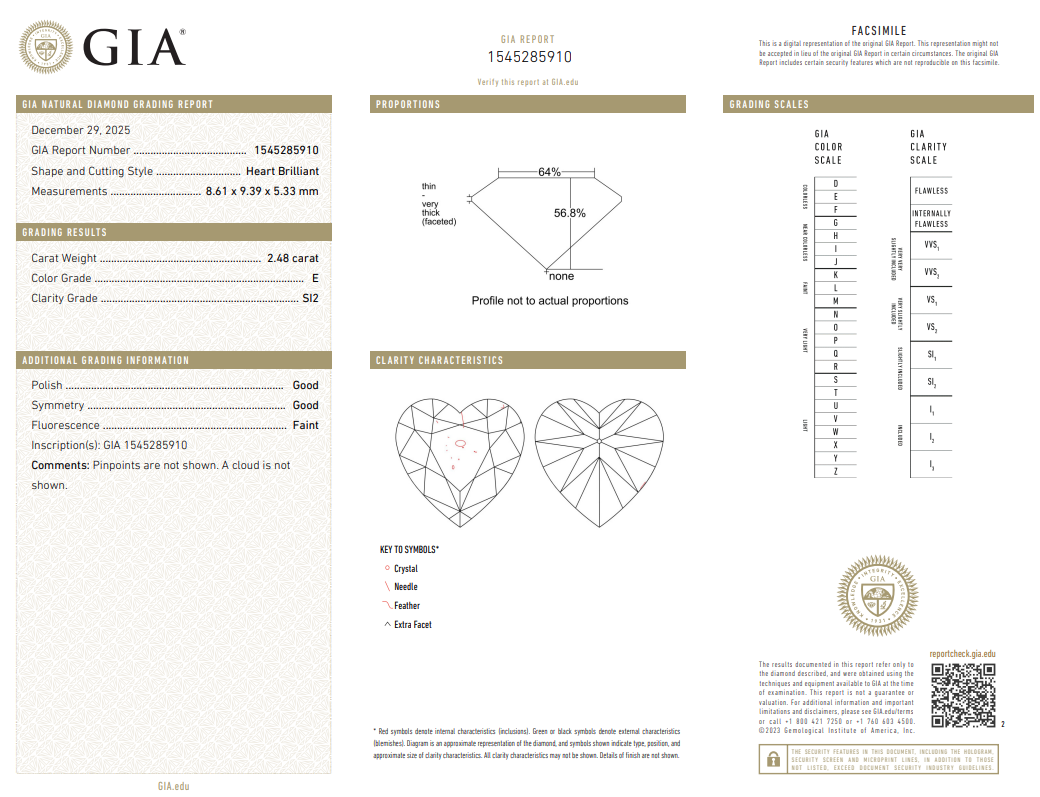 GIA Certified 2.48 Carat Heart Shape Diamond Natural E-SI2 Loose