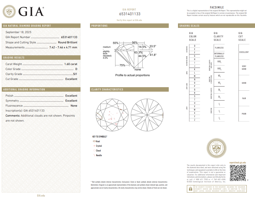 GIA Certified 1.6 Ct Round Brilliant Diamond E-SI1 Loose Natural
