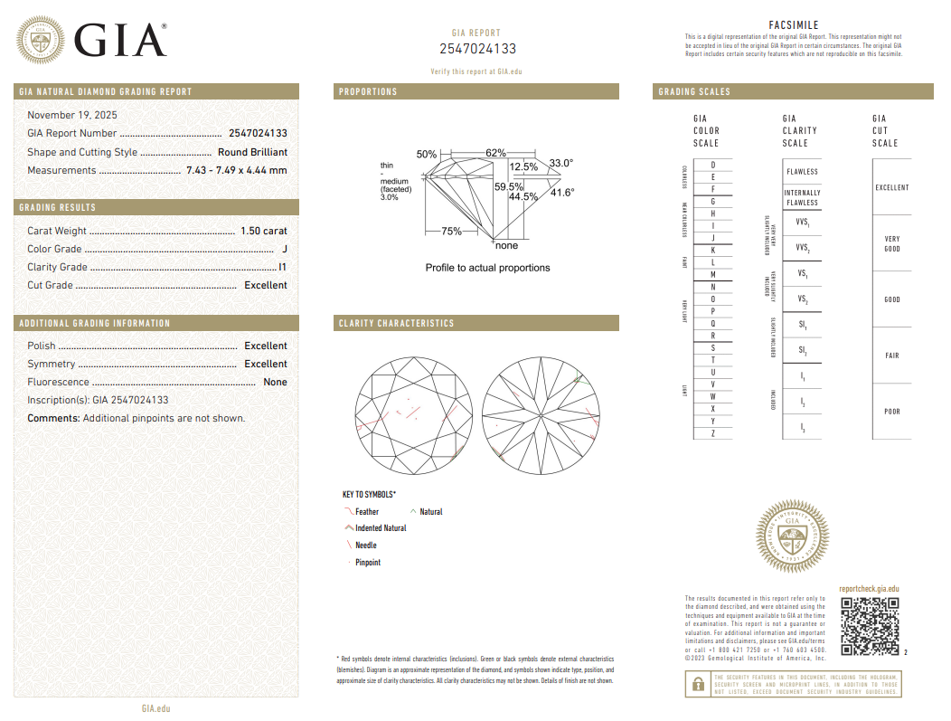 GIA Certified 1.5 Carat Round Brilliant Diamond J-I1 Natural Loose