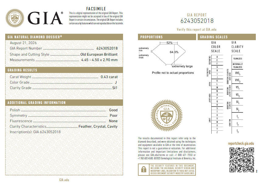 Loose 0.43 Carat Old European Cut Diamond J-SI1 with GIA Certificate