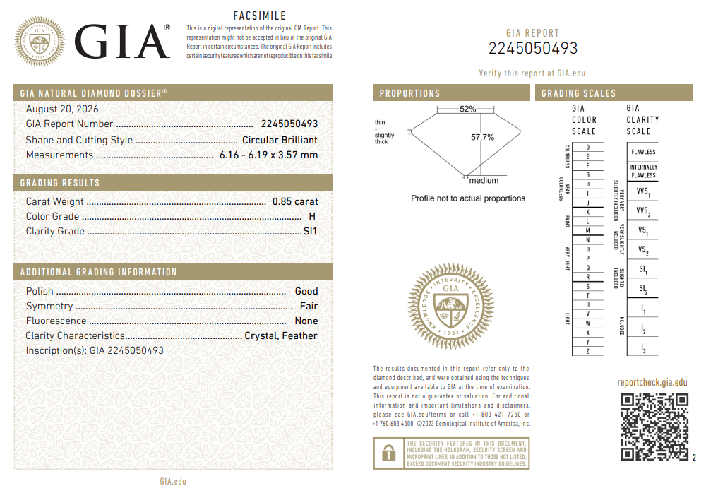 GIA Certified 0 Natural 0.85 Ct Old European Cut Diamond H-SI1