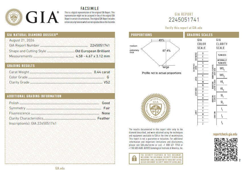 Untreated 0.44 Carat Old European Cut Diamond G-VS2 with GIA Certificate