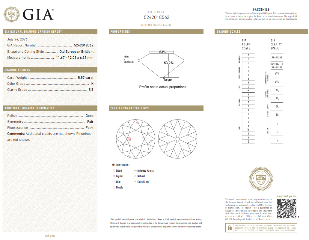 5.57 Carat Old European Cut Diamond K-SI1 Natural GIA Loose Precious
