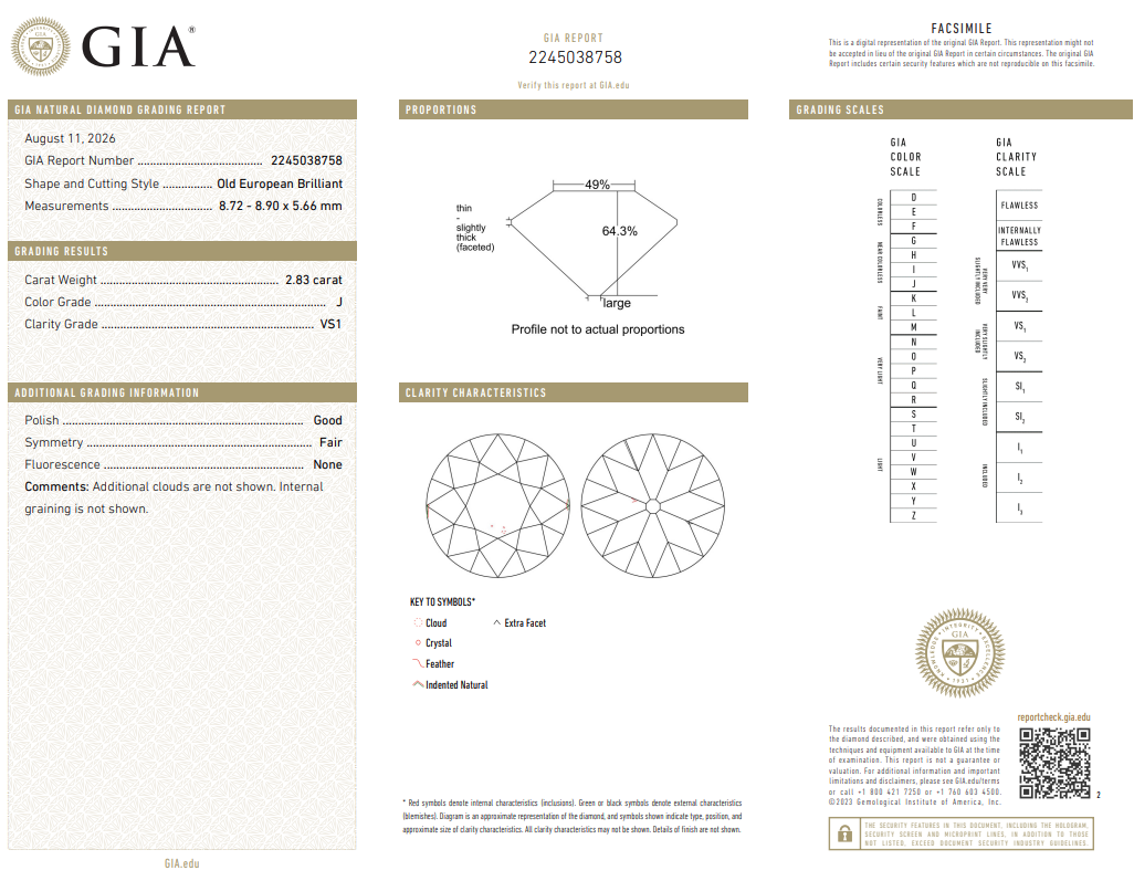 2.83 Carat Old European Cut Diamond Original Cut Luxury J-VS1 Natural GIA