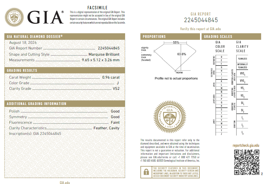 0.96 Ct Marquis Shape Diamond J-VS2 Natural Loose GIA Certified
