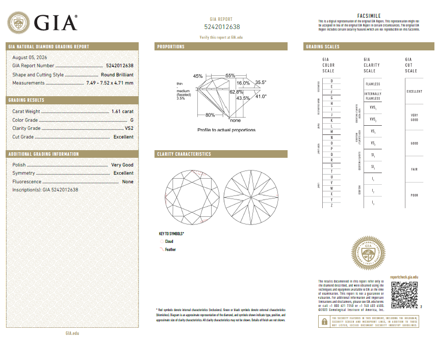 1.61 Carat Round Brilliant Diamond G-VS2 Loose Natural GIA
