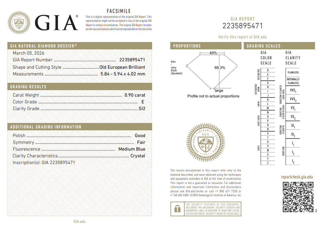 0.90 Carat Old European Cut Antique Natural Mined Diamond E Color SI2 Clarity With GIA Certificate