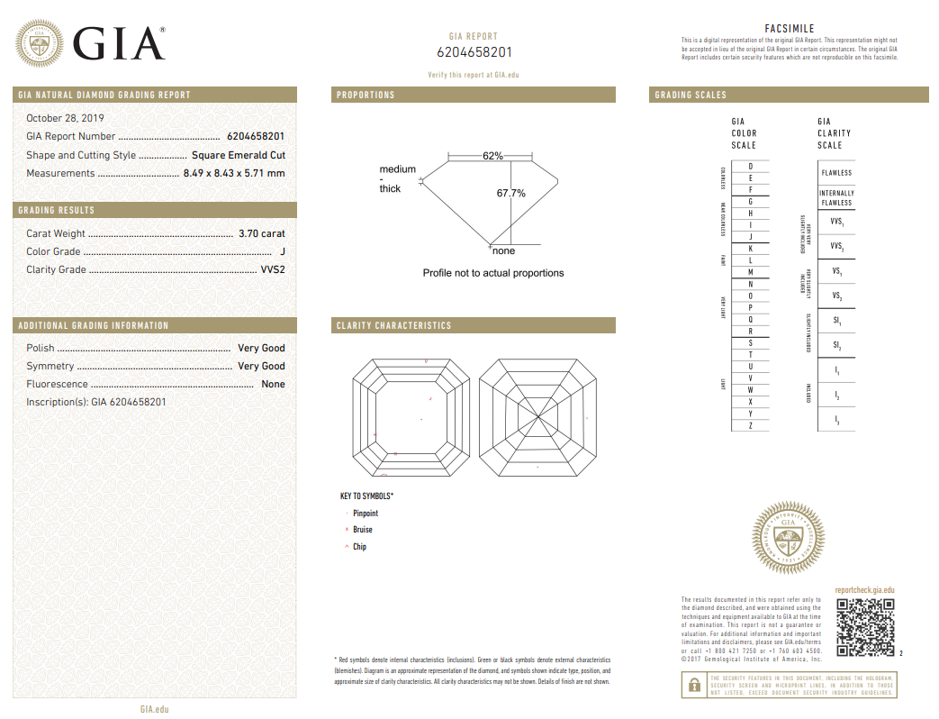 3.7 Carat Asscher Cut Diamond Natural J-VVS2 with GIA Certificate